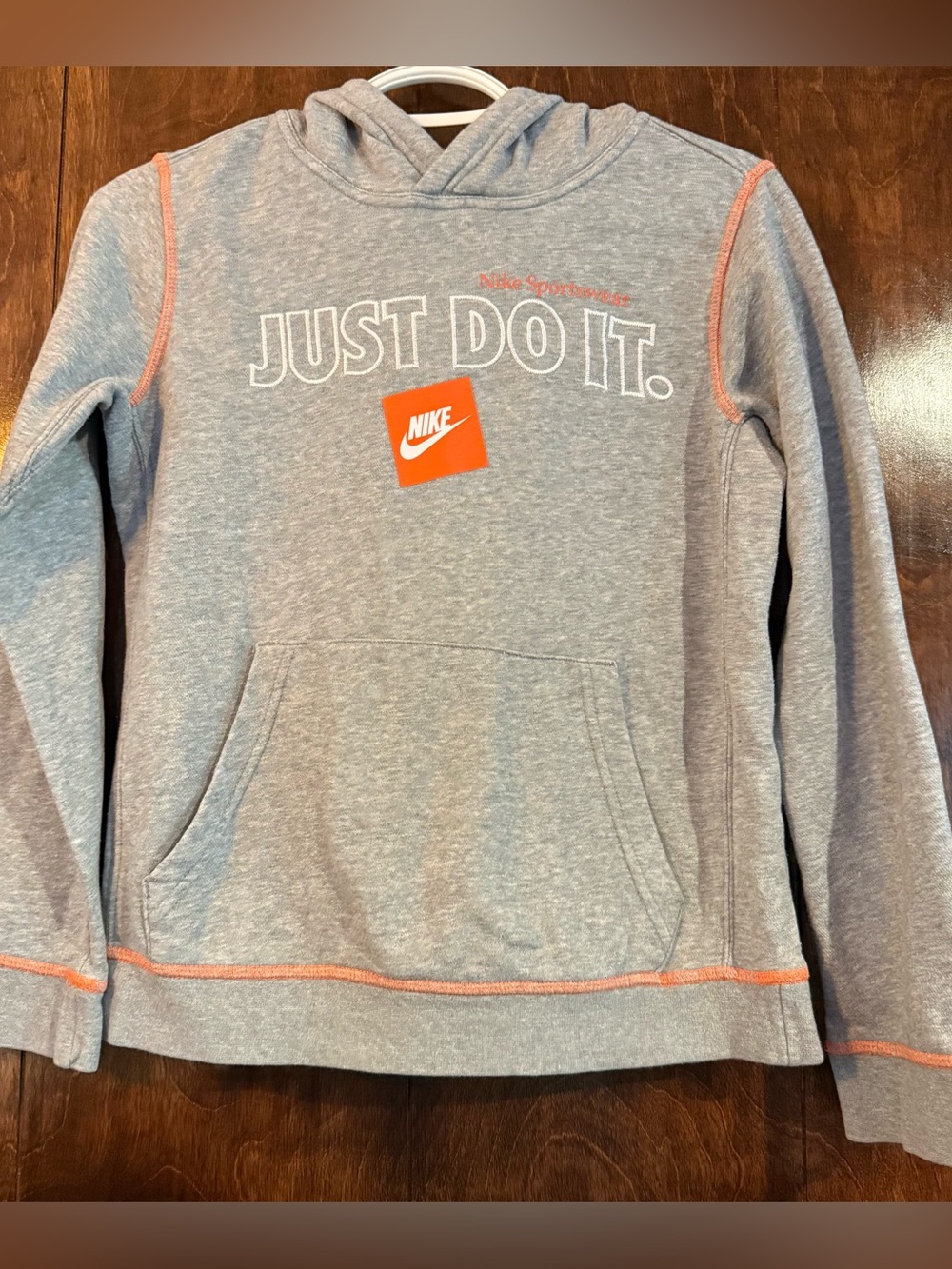 Nike Boys Size M Just Do It Fleece Hoodie Gray Orange Swoosh Athletic Pullover